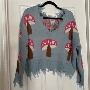 Blue Sweater with Pink Mushroom Design